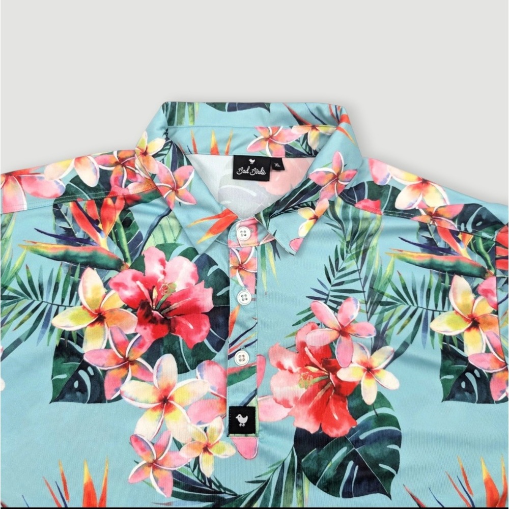 Bad Birdie Performance Golf Polo Mens XL‎ Tropical Palm Floral Hibiscus Print